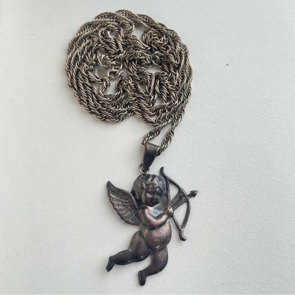 Vintage Sterling Silver Cherub Cupid Angel Necklace long chain